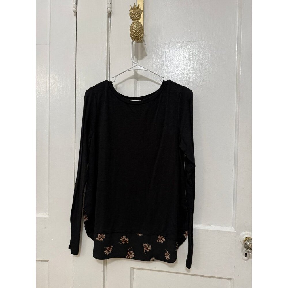 LOFT Black Long Sleeve Top with Floral Hem Detail